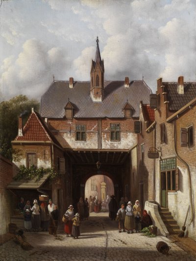 Market Scene under a Gatehouse by Adrianus Eversen